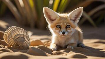 A fennec fox resting on sandy ground beside a shell in a desert environment. photo