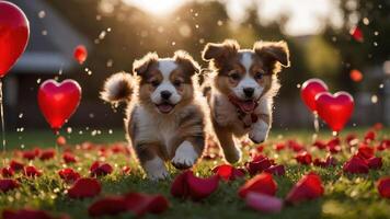 Two playful puppies running through rose petals and heart-shaped balloons in a sunny setting. photo