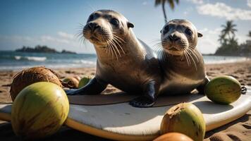Two playful seals resting on a surfboard surrounded by coconuts on a sunny beach. photo