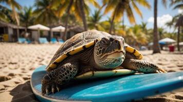 A turtle resting on a surfboard on a sunny beach with palm trees in the background. photo