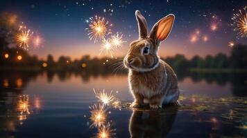 A rabbit stands by a serene lake, illuminated by fireworks in a night sky. photo