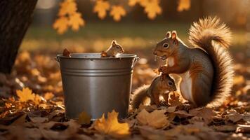 A mother squirrel and two young squirrels play near a bucket in a colorful autumn setting. photo