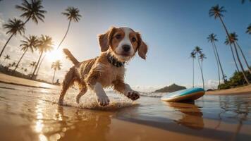 A playful puppy runs through shallow water at sunset, chasing a frisbee on the beach. photo
