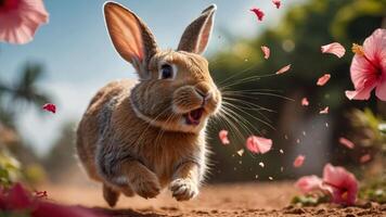 A rabbit joyfully leaps through a field scattered with pink flower petals. photo