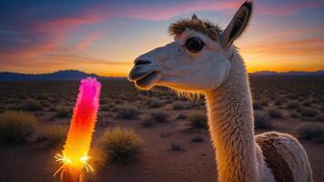 A llama gazes at a colorful glowing object against a vibrant sunset backdrop. photo