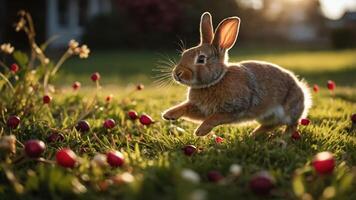 A rabbit hops through a grassy field scattered with red fruits, illuminated by sunlight. photo