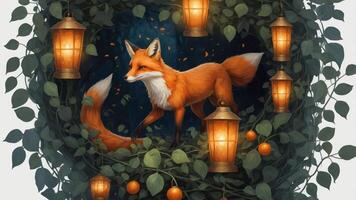 A whimsical fox surrounded by lanterns and foliage in a magical setting. photo
