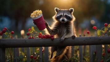 A raccoon holding a cup of popcorn while perched on a fence amid a garden setting. photo