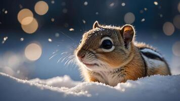 A small chipmunk covered in snowflakes, set against a blurred, sparkling winter background. photo