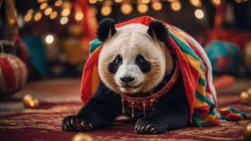 A panda draped in colorful fabric, surrounded by festive decorations and warm lighting. photo