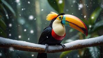 A vibrant toucan perched on a branch in a snowy, lush environment. photo