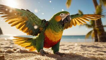 A vibrant parrot spreading its wings on a sunny beach with palm trees in the background. photo