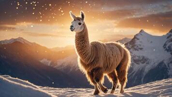 A llama standing on snow with mountains in the background during sunset. photo