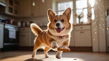 A playful corgi joyfully leaps with a cookie in its mouth, capturing a moment of fun. photo