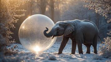 An elephant interacts with a large, reflective bubble in a frosty landscape. photo