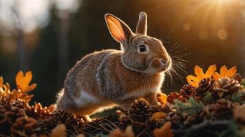 A rabbit exploring a forest floor adorned with autumn leaves and pine cones during sunset. photo