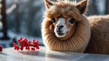 A close-up of a fluffy alpaca with a playful expression and red berries nearby. photo