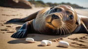 A seal resting on the beach with pebbles nearby in a serene coastal setting. photo