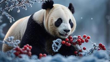 A panda enjoys red berries amidst a frosty landscape, showcasing nature's beauty. photo