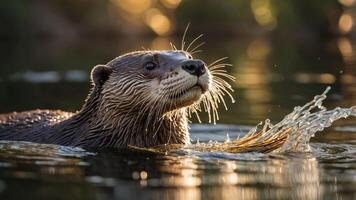 A playful otter swimming in a serene water setting, illuminated by soft sunlight. photo