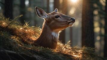 A deer peeks through pine branches, illuminated by soft sunlight in a serene forest setting. photo