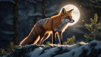 A fox stands in a snowy forest under a full moon, creating a serene and magical atmosphere. photo