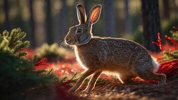 A rabbit in motion amidst a forest setting, illuminated by soft sunlight. photo