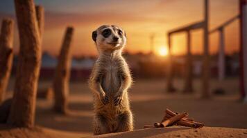 A meerkat stands upright in a desert setting during sunset, observing its surroundings. photo