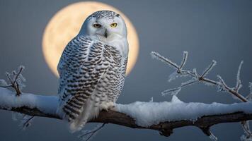 A snowy owl perched on a branch with a full moon in the background, creating a serene atmosphere. photo