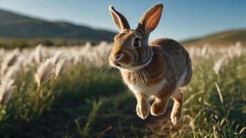 A rabbit leaps joyfully through a field of tall grass under a clear blue sky. photo