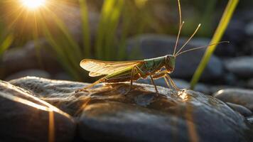A close-up of a grasshopper perched on a rock, illuminated by sunlight. photo