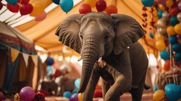 A playful elephant amidst colorful balloons in a festive tent setting. photo