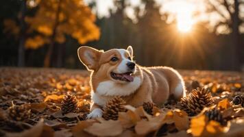 A corgi resting on autumn leaves with pine cones, illuminated by a sunset. photo