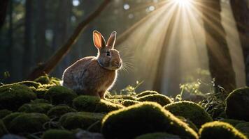 A serene rabbit sits on mossy ground, illuminated by sunlight filtering through trees. photo