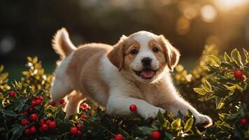 A playful puppy joyfully running through greenery with red berries, capturing a moment of happiness. photo