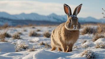 A rabbit stands in a snowy landscape with mountains in the background. photo