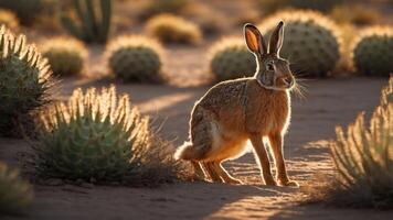 A hare stands in a desert landscape, illuminated by soft sunlight, surrounded by cacti. photo