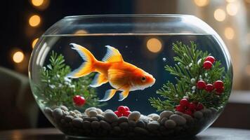 A goldfish swims in a decorative bowl with pebbles and greenery, creating a serene ambiance. photo