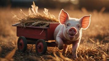 A playful pig running with a cart full of straw in a sunlit field. photo