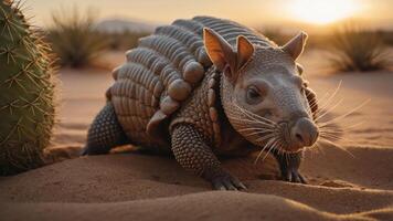 A close-up of an armadillo in a desert setting during sunset. photo