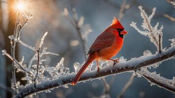 A vibrant cardinal perched on a frosty branch with sunlight glimmering in the background. photo
