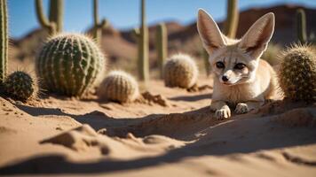 A fennec fox rests in a desert landscape surrounded by cacti and sand. photo