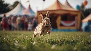 A rabbit leaps joyfully in a vibrant carnival setting with tents and people in the background. photo