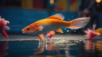 A vibrant orange fish leaps from the water, creating splashes amidst a colorful background. photo
