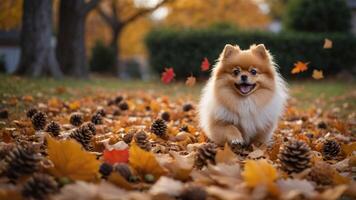 A joyful Pomeranian dog running through a colorful autumn landscape filled with leaves and pinecones. photo