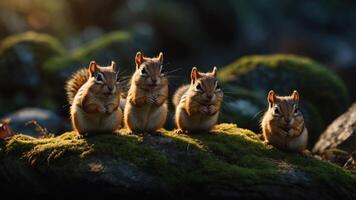 Four chipmunks sitting on mossy rocks in a serene forest setting. photo