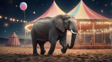 An elephant walks near a colorful circus tent under a starry sky with festive lights. photo