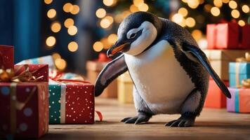 A penguin curiously examines colorful Christmas gifts in a festive setting. photo