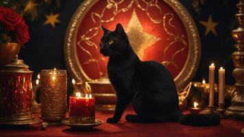 A black cat sits elegantly among candles and decorative elements in a mystical setting. photo