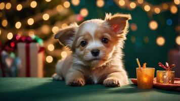 A cute puppy rests on a table with festive decorations and glowing candles in the background. photo